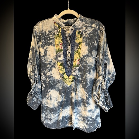 UPCYCLED HANDMADE Patchwork Quilted Cottagecore Denim Sunflower‎ Shirt Boho L - Picture 3 of 12